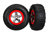 Tires & wheels, assembled, glued (SCT chrome wheels, red beadlock style, dual profile (2.2" outer, 3.0" inner), SCT off-road racing tires, foam inserts) (2) (2wd front)