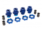 5853X Traxxas: Wheel hubs, splined, 17mm, short (2), long (2)/wheel nuts, splined, 17mm (4) (blue-anodized)/ hub retainer M4x0.7 (4)/axle pin (4)/wrench, 5mm 