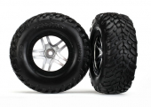 Tires & wheels, assembled, glued (S1 compound) (SCT Split-Spoke satin chrome, black beadlock style wheels, dual profile (2.2" outer, 3.0" inner), SCT off-road racing tires, foam inserts) (2) (4WD f/r, 2WD rear) (TSM rated)