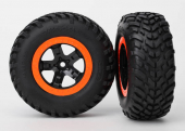Tires & wheels, assembled, glued (S1 compound) (SCT, black, orange beadlock wheels, dual profile (2.2" outer, 3.0" inner), SCT off-road racing tires, foam inserts) (2) (4WD f/r, 2WD rear) (TSM® rated)