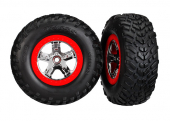 Tires & wheels, assembled, glued (SCT chrome wheels, red beadlock style, dual profile (2.2" outer, 3.0" inner), SCT off-road racing tires, foam inserts) (2) (4WD f/r, 2WD rear) (TSM rated)