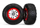 Tires & wheels, assembled, glued (S1 compound) (SCT Split-Spoke chrome, red beadlock style wheels, dual profile (2.2" outer, 3.0" inner), SCT off-road racing tires, foam inserts) (2) (4WD f/r, 2WD rear) (TSM rated)